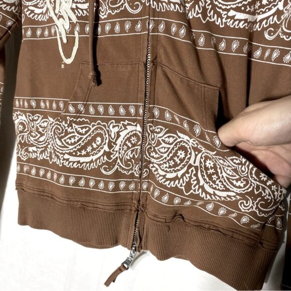 Vintage Y2K Ed Hardy Brown Cream Tiger Paisley Bandana Print Stripe Zip Hoodie M - Picture 12 of 15